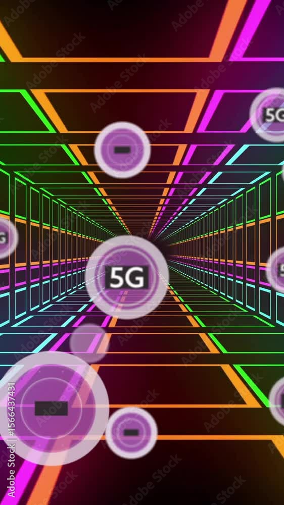 Poster animation of network of connections with 5g text over neon tunnel
