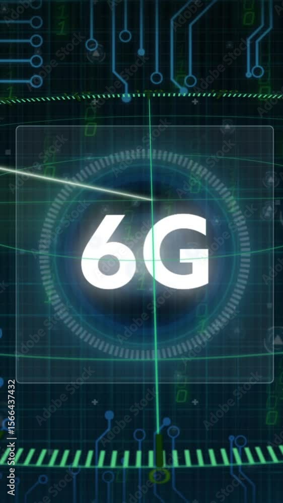 Poster animation of scope scanning and 6g text over data processing