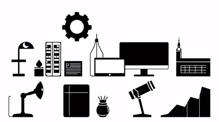 digital business setup with office devices, computer, and gear symbol in minimal vector art