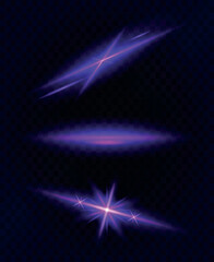 A set of abstract vector effects of light transitions with a neon purple color. Solar flare with rays and glare. Glow effect. Star burst with shimmering sparkles