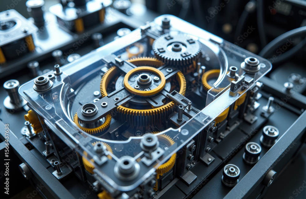 Poster close-up of intricate mechanical gears and components in a precision device