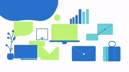 creative digital workspace with abstract office elements and business icons in vibrant colors