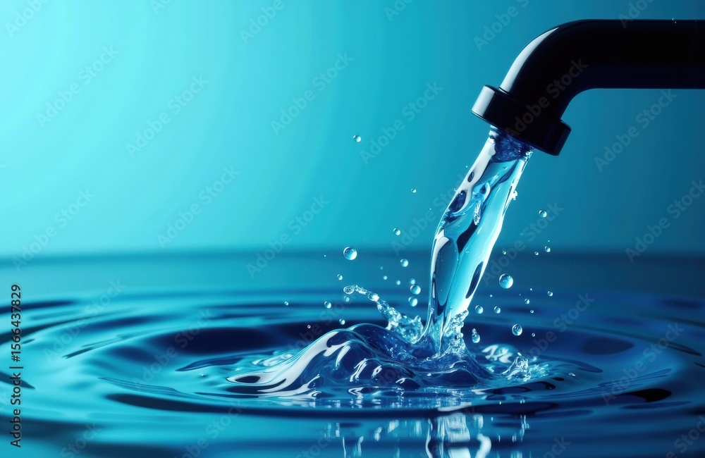 Aufkleber a close-up of water flowing from a faucet into a pool or basin, creating ripples and splashes in cle