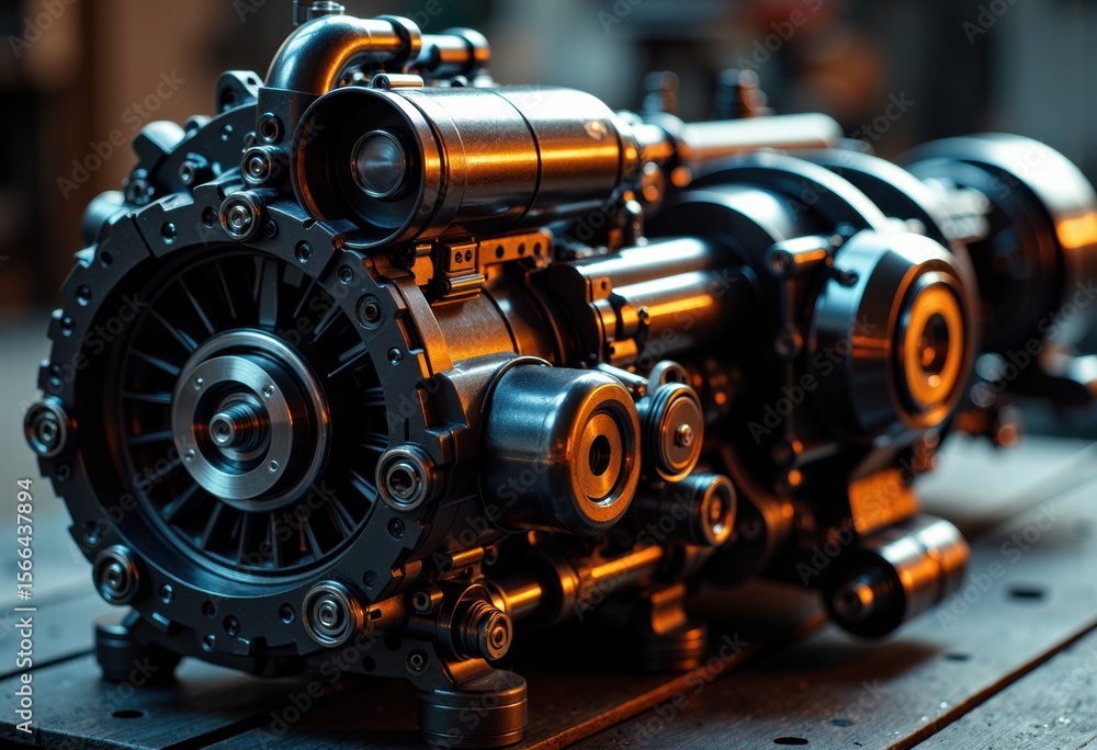 Poster close-up of a detailed metallic engine model with intricate mechanical components