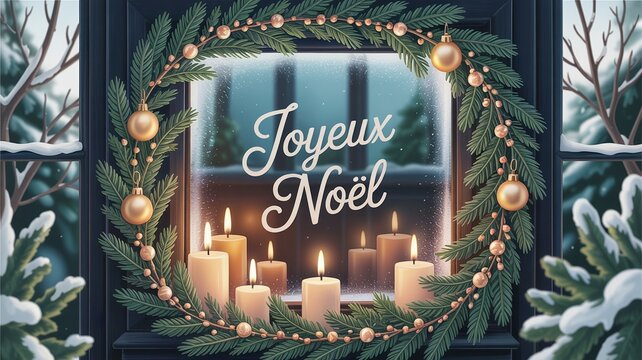 Joyeux No?l window display with candles and wintery snow scene outside