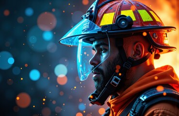 Firefighter in protective gear with helmet and face shield during emergency response