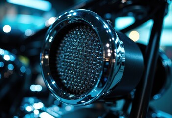 Close-up of a modern motorcycle exhaust pipe with reflective metallic surface and intricate details