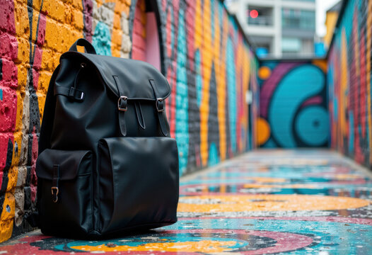 Black backpack resting on a colorful graffiti-covered alleyway floor