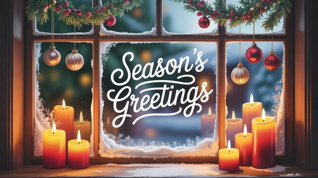 Cozy Christmas Window Display with Season's Greetings
