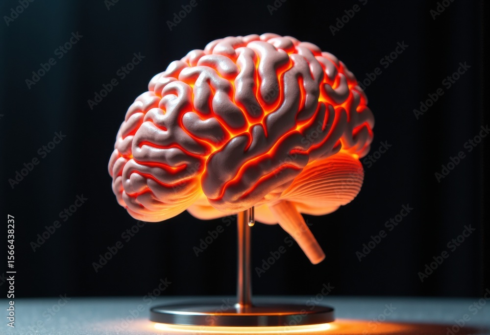 Poster detailed model of a human brain with illuminated neural pathways on a stand