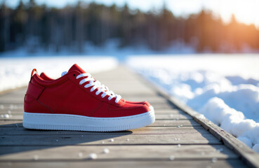 Red sneaker resting on a wooden dock in snowy outdoor setting during sunset