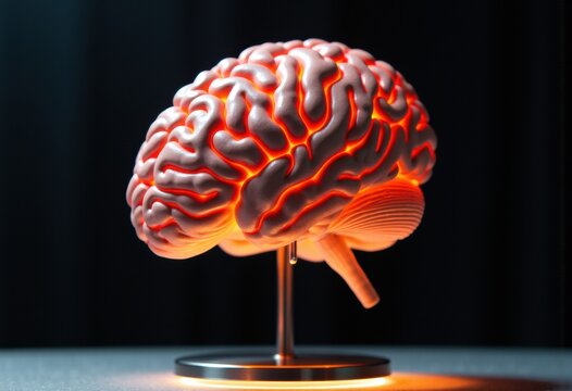 Detailed model of a human brain with illuminated neural pathways on a stand