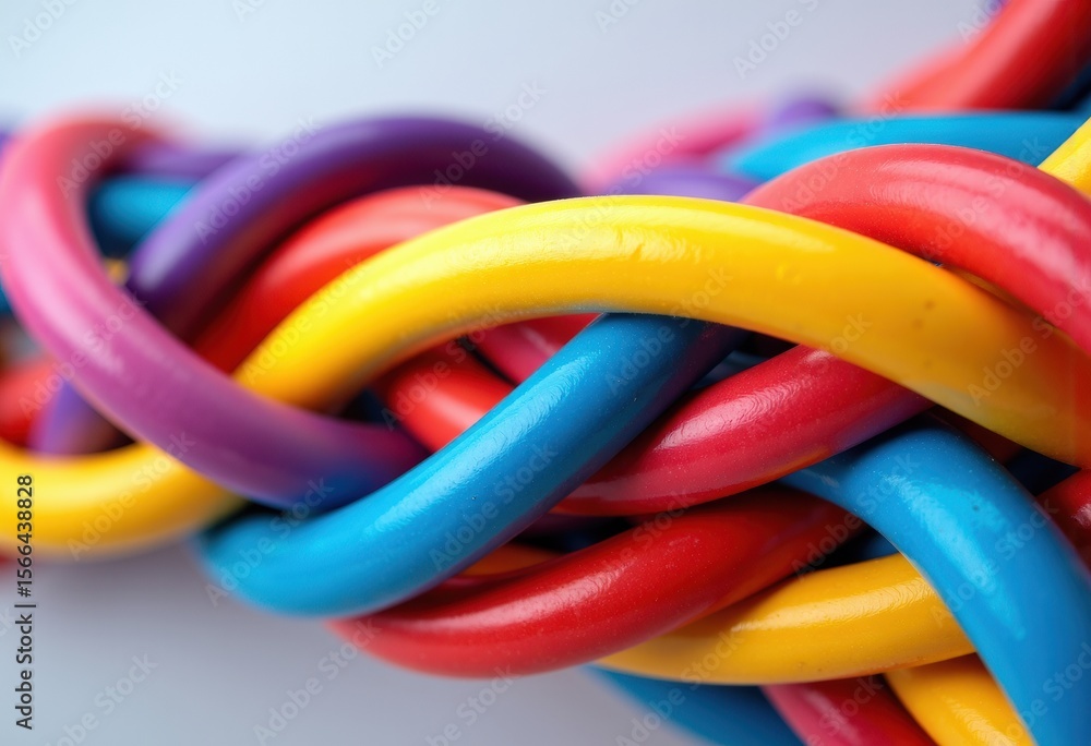 Poster colorful rubber bands intertwined creating a vibrant and dynamic composition suitable for themes of 