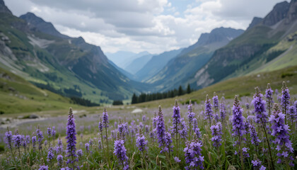Fototapeta premium Field of Blooming Purple Flowers in Mountain Valley Beneath Partly Cloudy Sky – Scenic Nature Landscape Blending Vibrancy and Rugged Serenity
