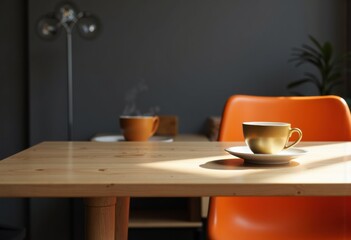 Cozy coffee scene with steaming cup on a wooden table and modern orange chair
