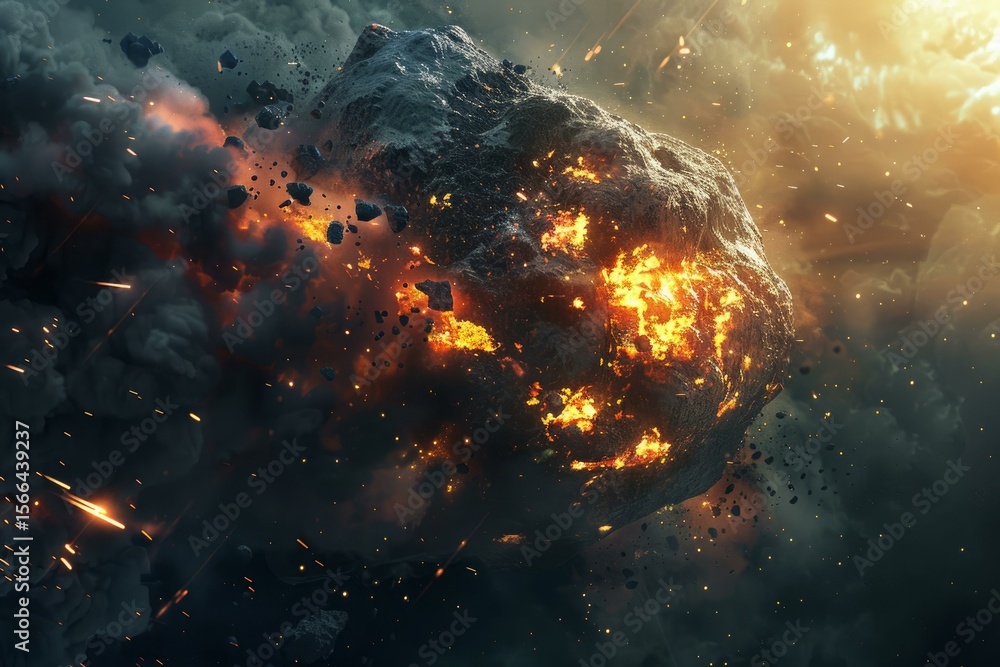 Poster asteroid exploding in space with fire, smoke, and debris creating a dramatic and dangerous cosmic ev