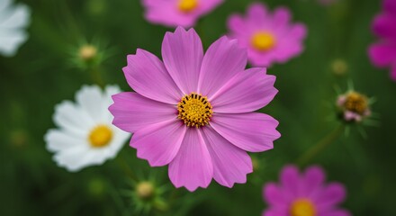 부드러운 햇살 아래 핀 핑크 코스모스 꽃밭