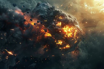 Asteroid exploding in space with fire, smoke, and debris creating a dramatic and dangerous cosmic event