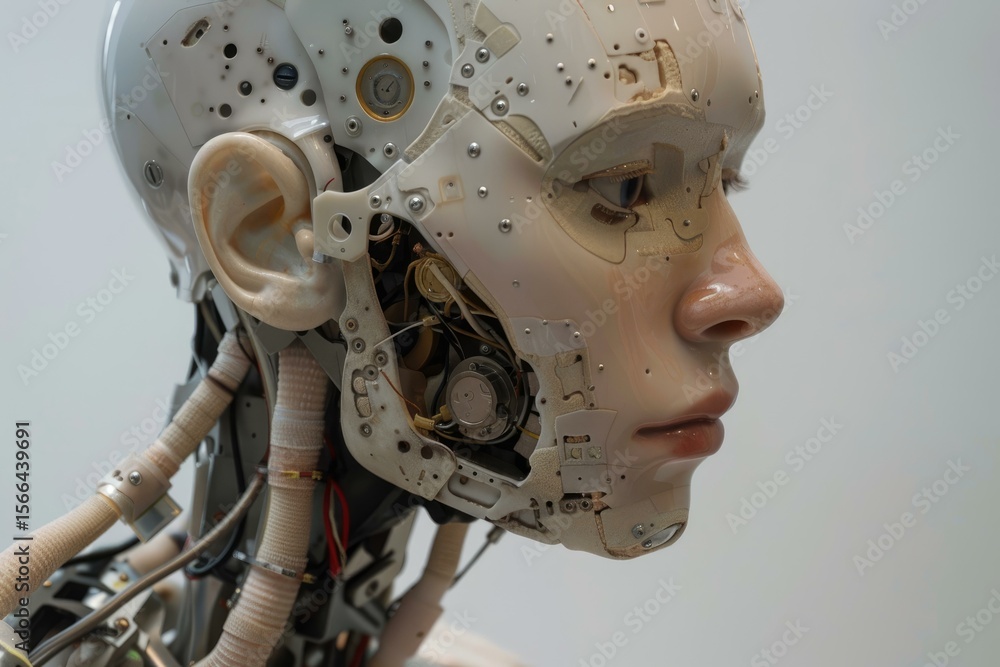 Poster profile of a humanoid robot showing internal mechanics and artificial skin