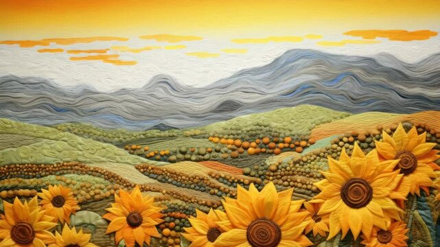 Vibrant landscape video still of sunflowers and rolling hills. Captured from a low angle, the quilt-like texture adds depth and warmth to the scene. Live desktop wallpaper.