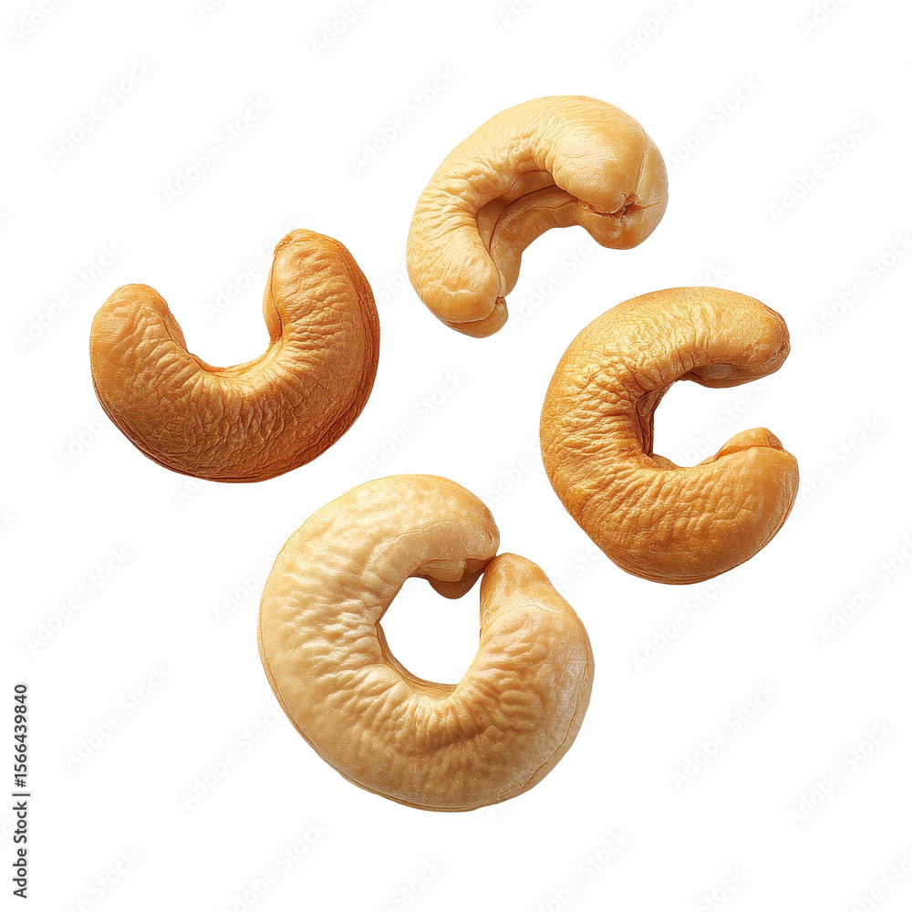 Poster roasted cashews on a transparent background displaying their unique shape and texture, roasted cashe