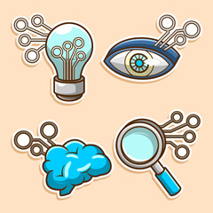 Technology Concept Lightbulb, Eye, Brain, and Magnifying Glass with Circuits