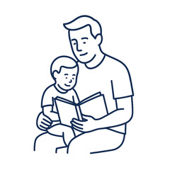 A father and son share a tender moment, reading a book together, fostering a bond of learning and love in a simple, heartwarming illustration.