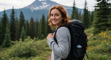 싱그러운 녹색 숲길 배경 밝은 미소의 여행자