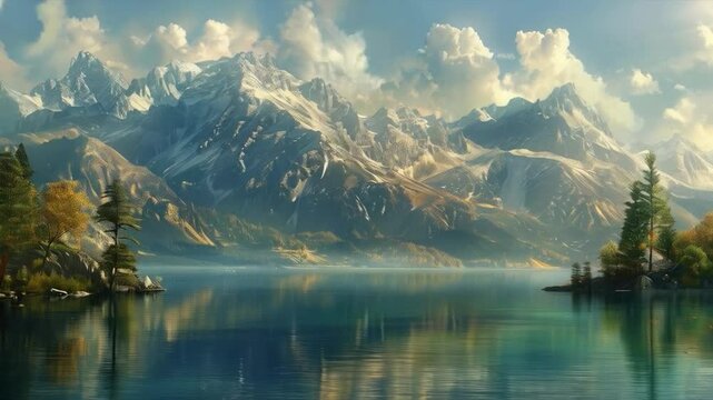 Mountain landscape with lake and forest in the foreground. Useful for projects related to nature and tourism.
