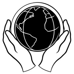 Hands holding world line art vector illustration