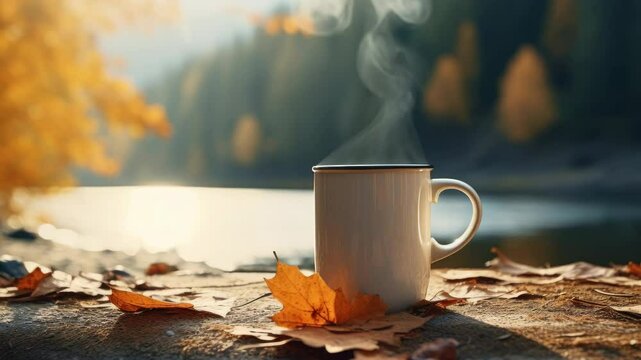 Warm autumn scene with a steaming mug on a lakeside, surrounded by fallen leaves. Captured at eye level, ideal for a cozy fall video backdrop. Live desktop wallpaper.