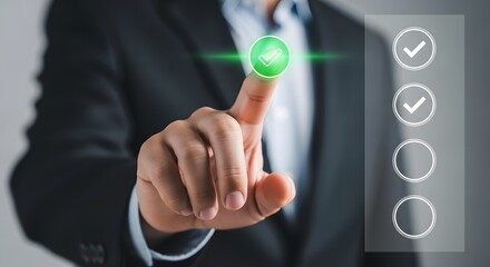 Businessman pressing green checkmark button on virtual interface with checklist, symbolizing approval or task completion in work.
