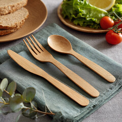 Eco friendly knife, fork and spoon on the table