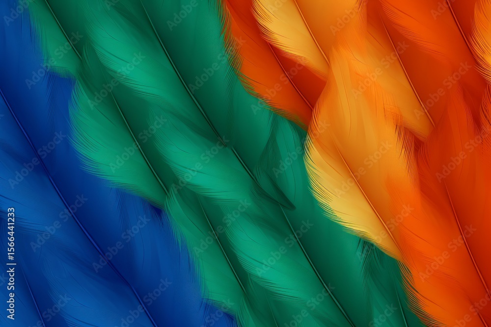 Poster colorful feathers arranged in overlapping layers, creating a vibrant and textured background