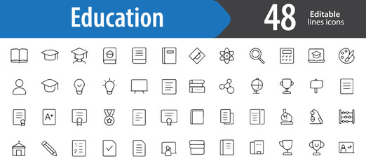 Education Line Icons, Graduation Cap, Book, Online Course, Certificate, Pencil, Editable Formats: AI, EPS, PNG, JPG, Ideal for Both Digital and Print Use
