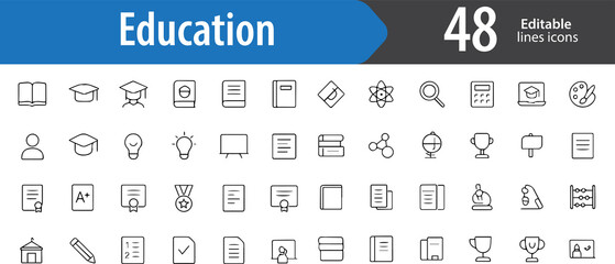 Education Line Icons, Graduation Cap, Book, Online Course, Certificate, Pencil, Editable Formats: AI, EPS, PNG, JPG, Ideal for Both Digital and Print Use

