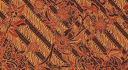 Intricate Indonesian Batik Textile Design Warm Brown and Gold Floral Pattern