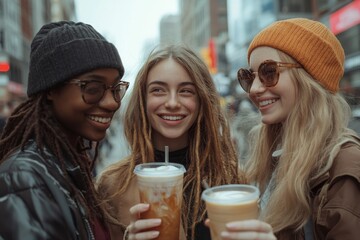 Three young females enjoying iced coffee on a city street, chatting and laughing as they embrace the lively urban atmosphere, Generative AI
