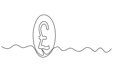 Continuous line drawing of pound sterling symbol. Line art of pound coin sign, pound sterling sign continuous one line drawing,