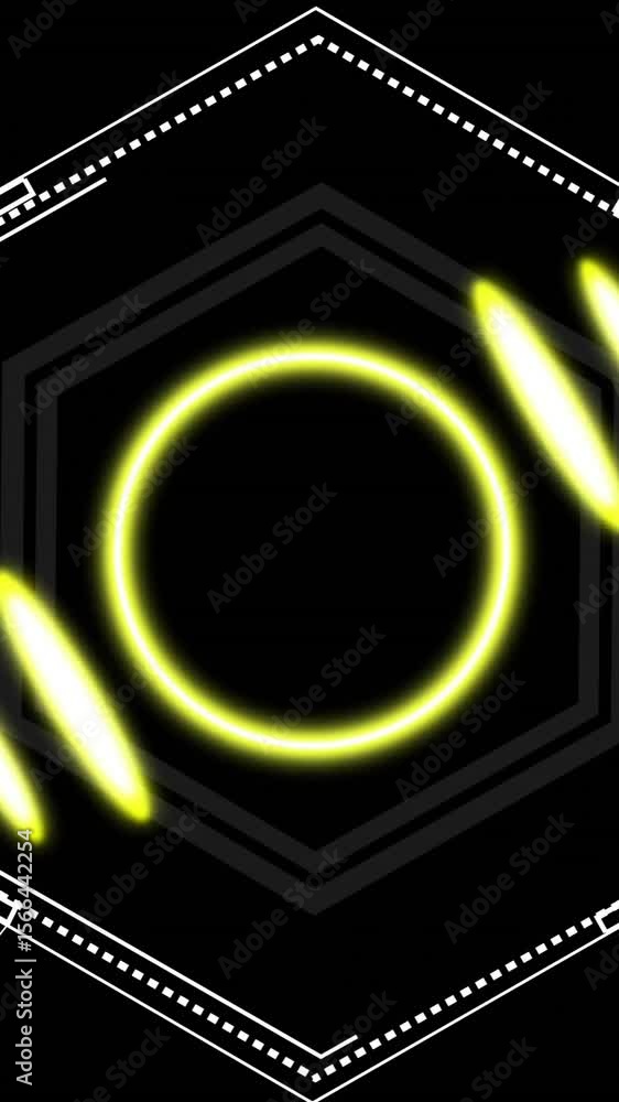 Poster glowing yellow circles and lines animation over hexagonal geometric shapes on black background