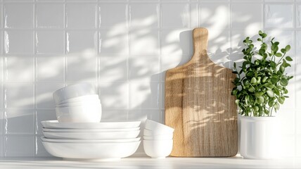 Minimalist kitchen corner with open shelving and natural wood accents in bright morning light. Clean and bright kitchen background