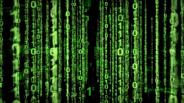 Green Binary Code Rain &ndash; Digital Matrix Style 0s and 1s Falling in Lines