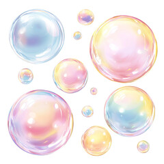Floating iridescent soap bubbles illustration on transparent background