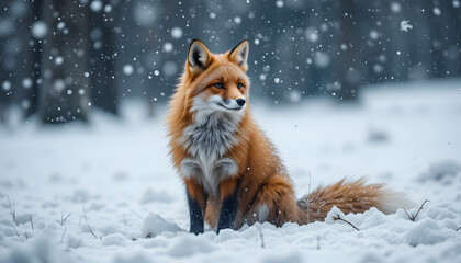 Red Fox Resting in Snowfall with Forest Background – Serene Winter Wildlife Scene in Natural Habitat