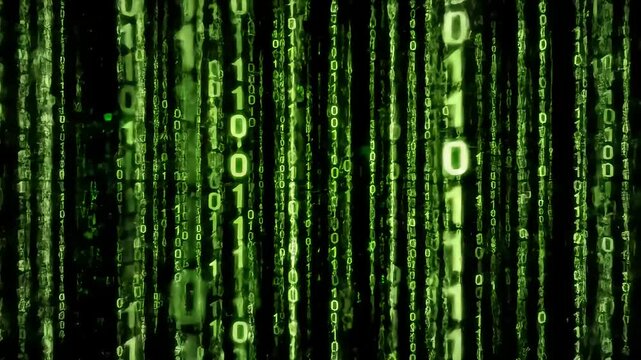 Green Binary Code Rain &ndash; Digital Matrix Style 0s and 1s Falling in Lines