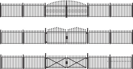Wrought iron gate illustrations. Black metal fence entrance in different styles. Silhouette of a Victorian steel fence.