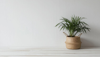 white minimalist wall and green potted houseplant Copy space.