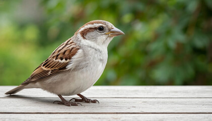 Sparrow sitting on a wooden surface against the background of green nature
