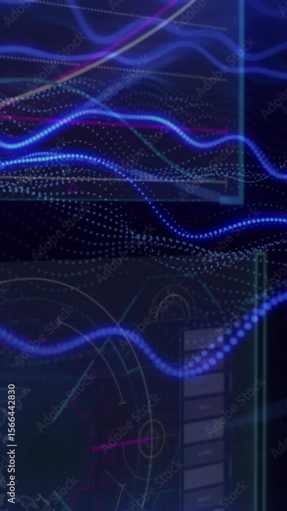 Poster data visualization and analytics animation over digital interface with graphs and charts