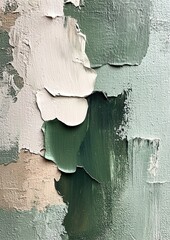 Close-up of peeling paint on a textured wall, featuring layers of green, white, and beige with rough, cracked surfaces.